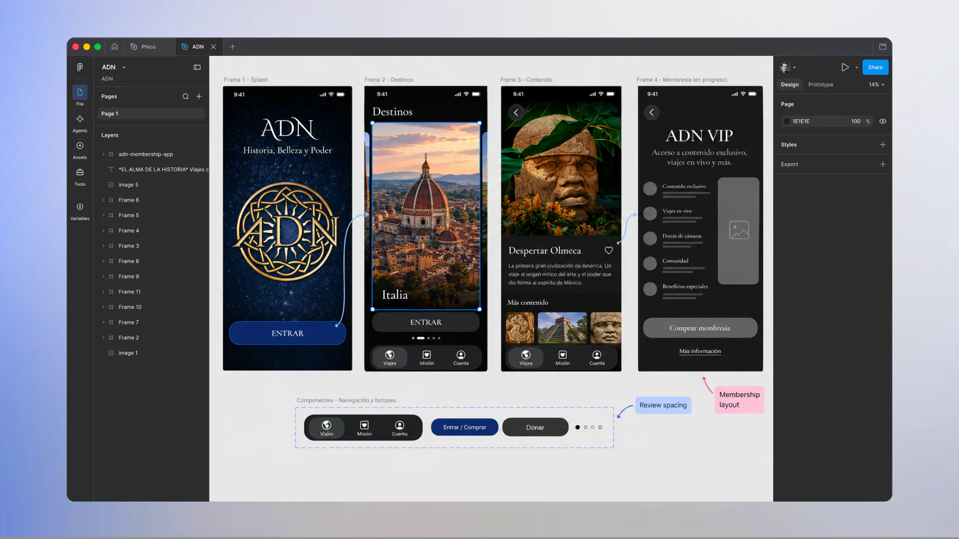 The same ADN app in Figma, from the opening screen to a destination, a story, and membership.