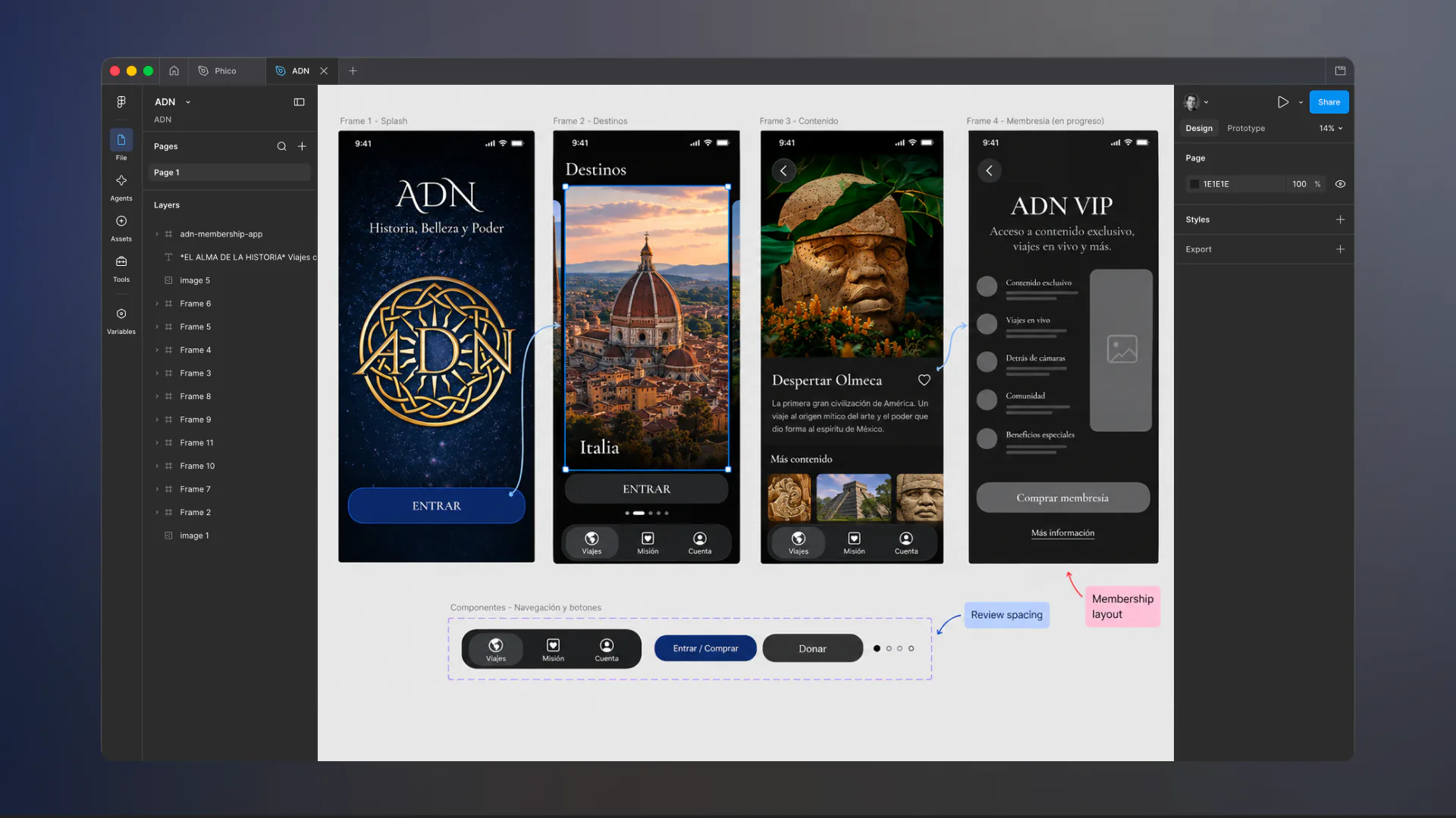 The same ADN app in Figma, from the opening screen to a destination, a story, and membership.