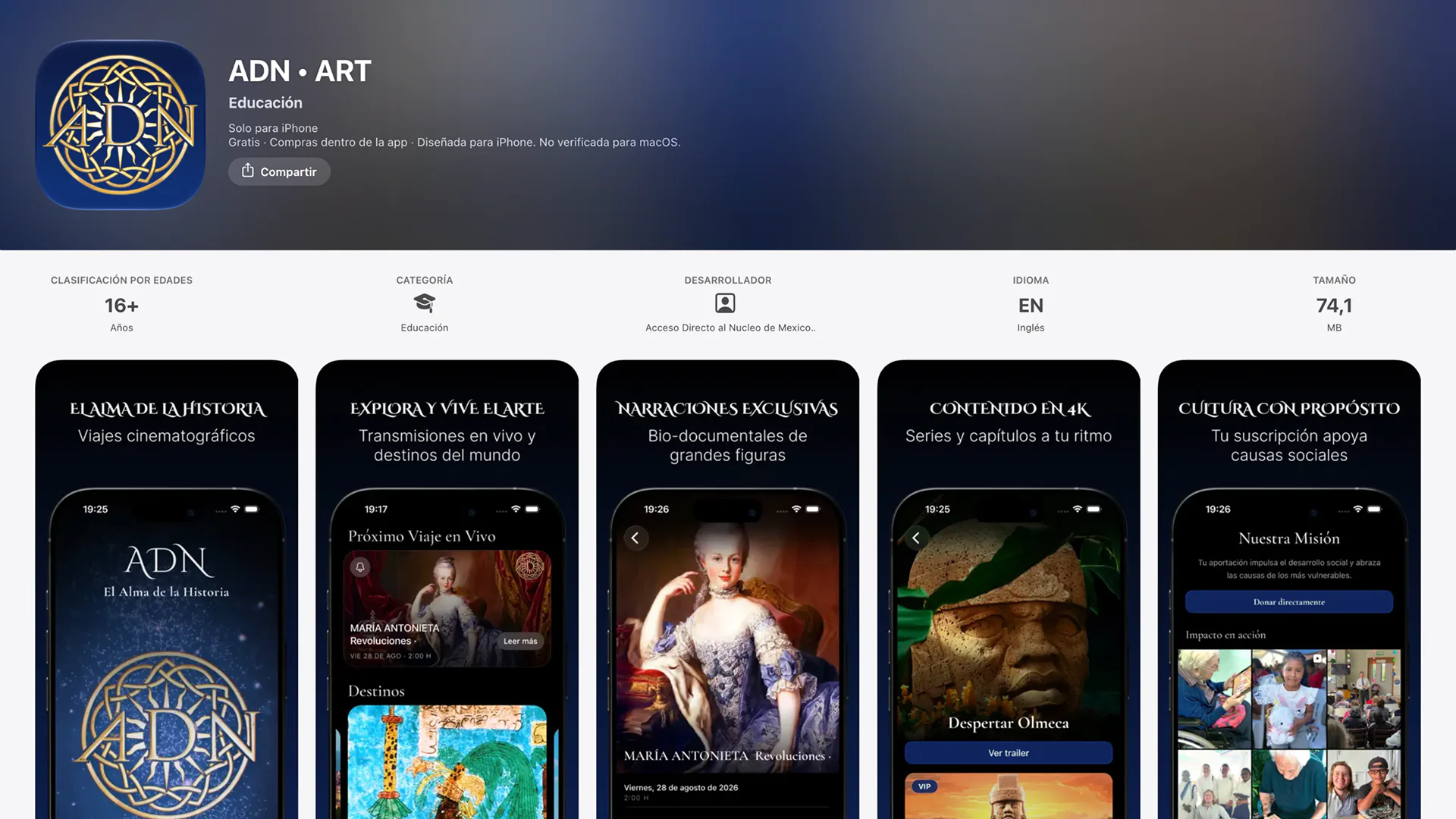 The published ADN app on the App Store, from the listing through a live trip, a story, and a way to give.