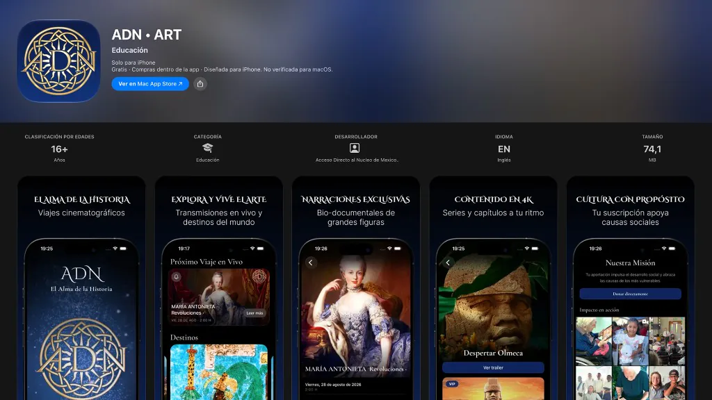 The published ADN app on the App Store, from the listing through a live trip, a story, and a way to give.