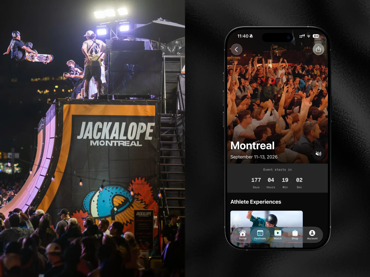 The Jackalope festival at night, with the Montreal event open on a phone.
