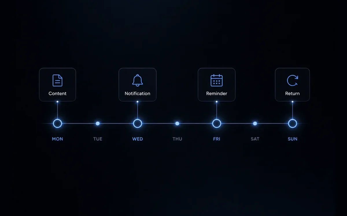 Weekly engagement timeline with content, notifications, reminders, and return moments