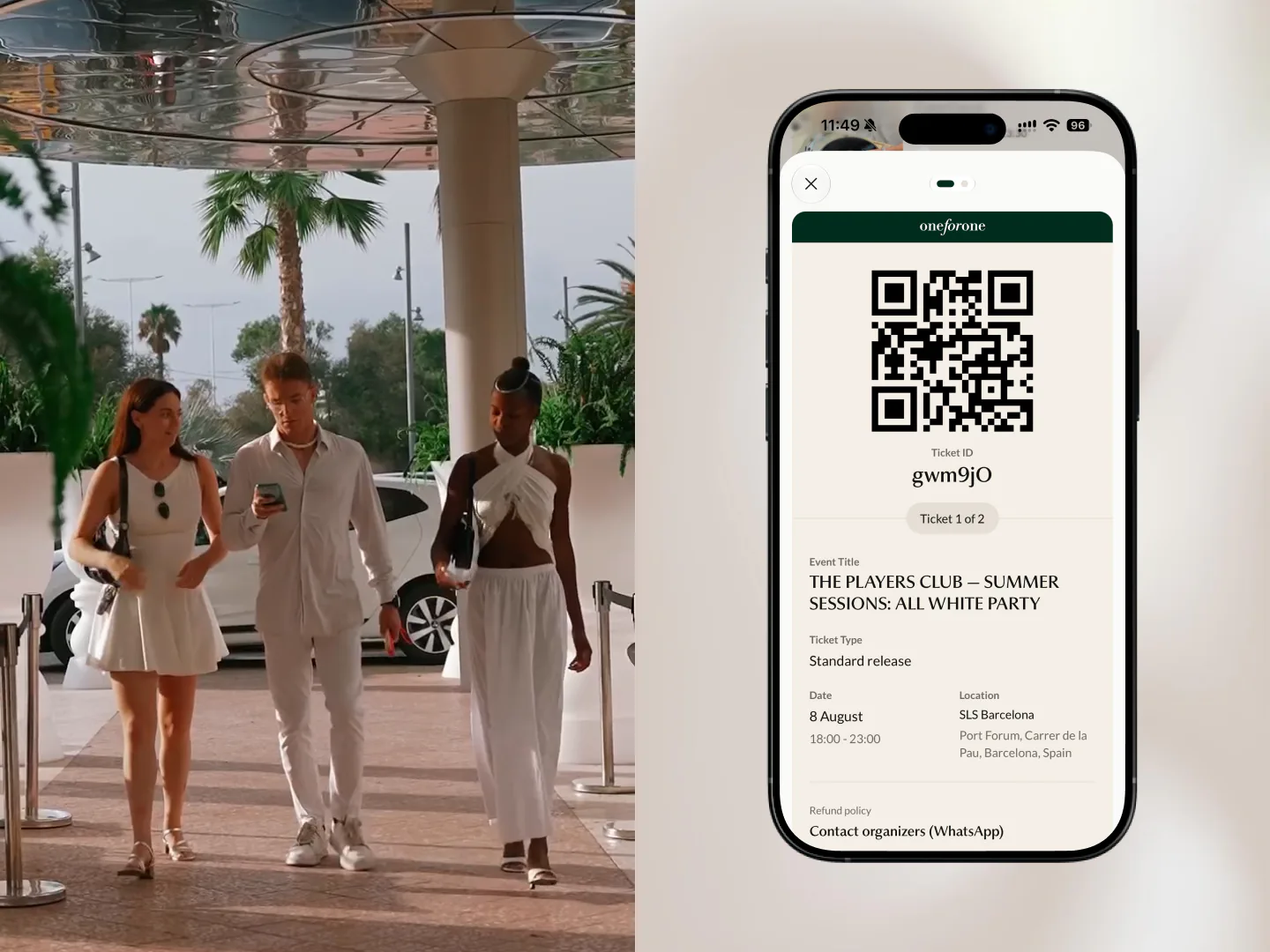 People arriving at a Oneforone event, with the ticket already open on a phone.